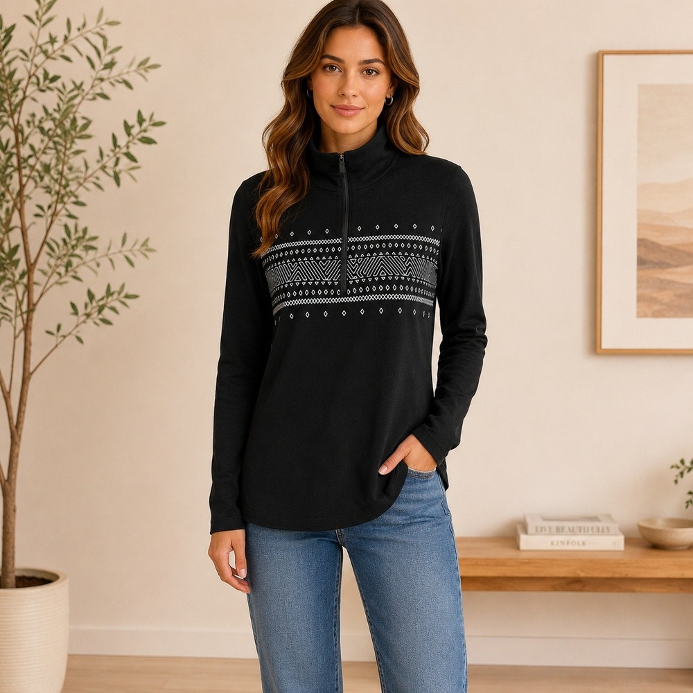 Icebreaker Bodyfit 260 Pullover Womens XS Black Merino Wool Geometric Base Layer